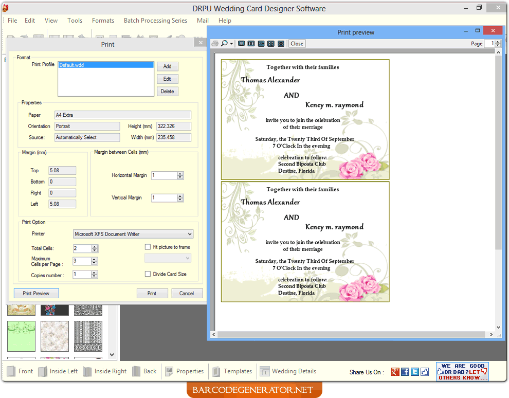 Screenshots of Wedding Card Generator Software helps to design