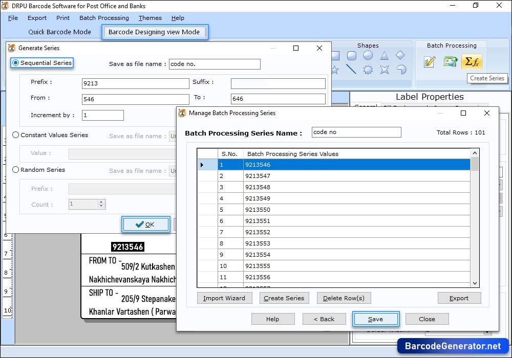 Screenshots of Barcode Generator for Post office and bank to view process